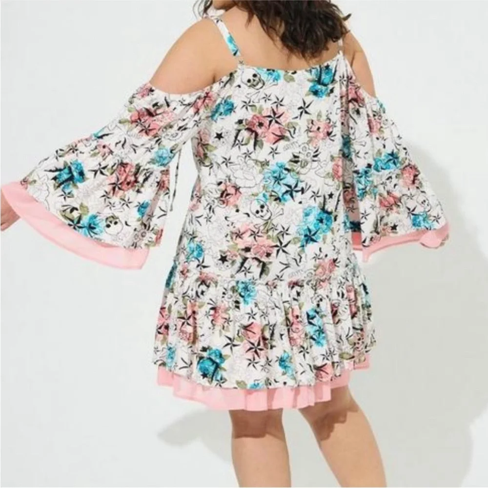 TORRID x BETSEY JOHNSON COLD SHOULDER SKULL & FLORAL PUNK ROCKER DRESS - Picture 3 of 6